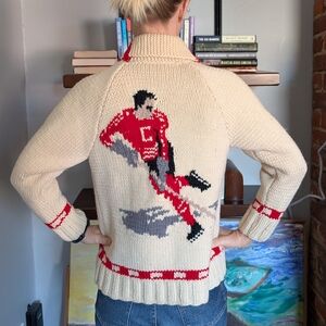 Vintage Handknit Handmade Hockey Cowichan Cardigan Chunky Sweater XS Olympics